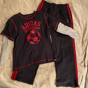 Adidas Kids 2 piece Athletic set, Black/red. Top size 7X, Pants size small. EUC